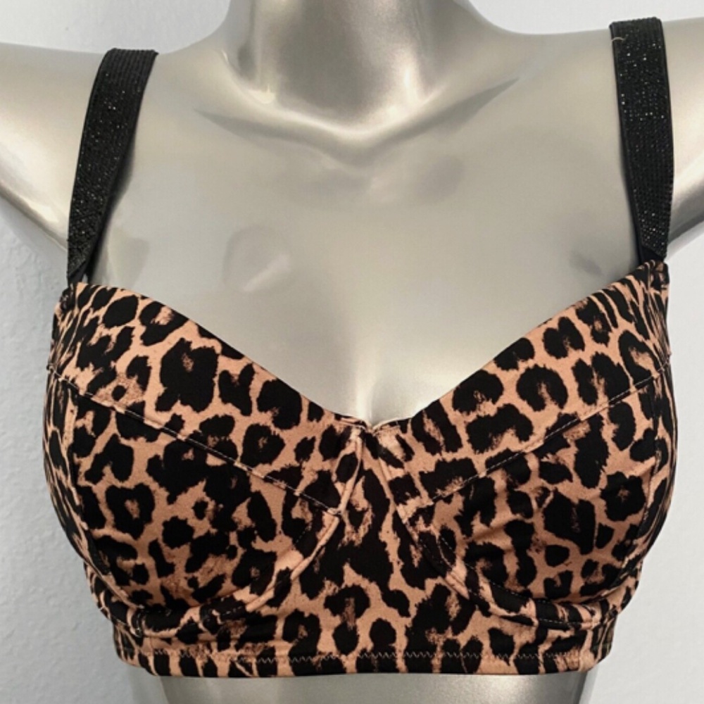 Victorias Secret Nwt Wicked Black Shine Strap Sexy Leopard Swim Bikini Top 32DD